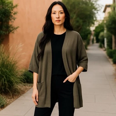 Marla Wynne 毛衣女式 M 橄榄亚麻棉开衫开襟超大款 — 第 1/4 张图片