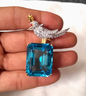 Antica spilla uccellino acquamarina creata in laboratorio per donna/uomo in... - Immagine 1 di 4