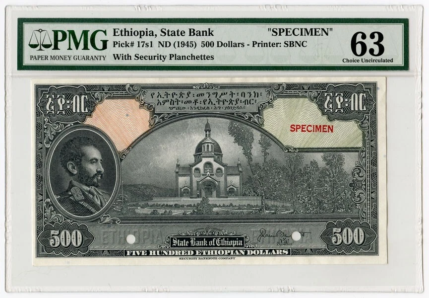 ETHIOPIA 1945 ISSUE 500 DOLLARS "SPECIMEN" BANKNOTE RARE. PMG-UNC-63. Pick#17s1. - Image 1 of 2