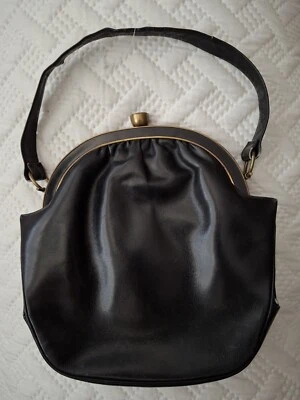 Vintage Harry Rosenfeld Black Leather Brass Detail Satin Interior Handbag Purse - Image 1 of 4