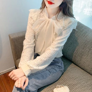 Lady Lace Bowknot Shirt Blouses Top Splice Hollow Out Long Sleeve Elegance Sweet - Picture 1 of 14