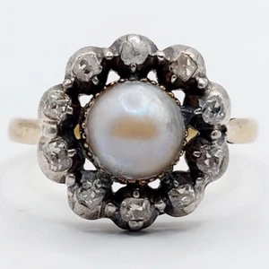 Anillo margarita victoriana de oro 18k perla y diamante talla antigua (circa1... - Imagen 1 de 11