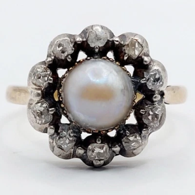 Bague marguerite victorienne or 18k perle et diamant taille ancienne (circa1850) - Photo 1/4