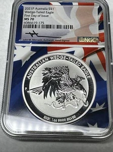 2021 P SILVER EAGLE AUSTRALIA WEDGE TAIL EAGLE NGC MS70 FDI MERCANTI SIGNED - Picture 1 of 11