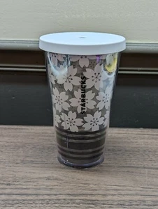 STARBUCKS 16oz Cold Cup Tumbler White Flowers Cherry Blossoms Black Stripes . - Picture 1 of 5