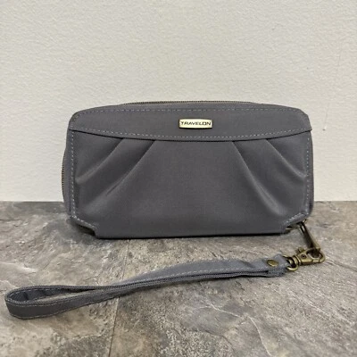 Cartera de muñeca TRAVELON cremallera completa sin asas gris con interior púrpura usada en excelente estado Foto 1 de 4