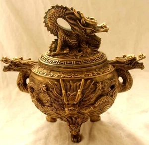 antique bronze carved tripod statue Lucky Incense Burners Handwork dragon Censer - Picture 1 of 5