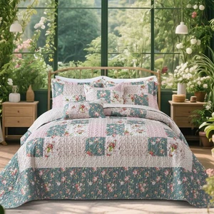 Queen Size Quilt Set - Reversible Floral Queen Size Bedspreads with Wavy Edge... - Picture 1 of 6