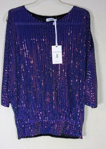 Blusa de fiesta Jasambac nueva con etiquetas para mujer pequeña lentejuelas hombro frío púrpura negra - Imagen 1 de 8