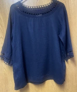 J. Jill Navy Linen Crochet Neck 3/4 Sleeves Top M 6 8 - Picture 1 of 6