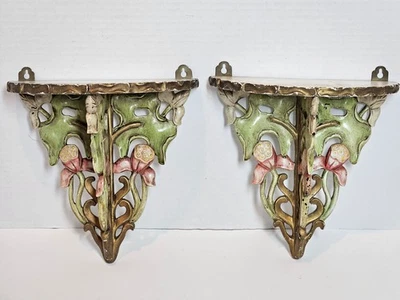 Vintage PAIR Floral Wall Decor Shelf Sconces Cottagecore Shabby Old Paint - Image 1 of 4