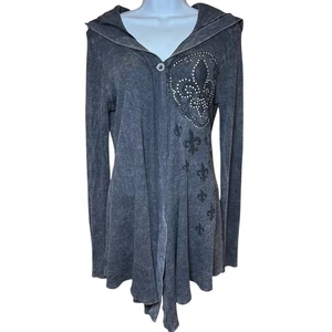 VOCAL Hood Cardigan Size XL Gray Y2K Grunge Whimsigoth Fairy Rhinestones Waffle - Picture 1 of 17