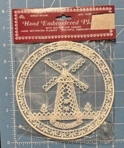 Hand Embroidered Plaques - Windmill Brugge Suction Cup Hanger Window Vintage - Picture 1 of 2