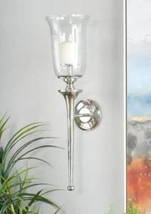 Deco 79 Aluminum Wall Sconce with Glass Holder, 8" x 8" x 30", Silver - Picture 1 of 5