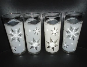 JUEGO DE 4 VASOS DE VIDRIO VINTAGE LIBBEY DISEÑO COPO DE NIEVE Y DIAMANTE BLANCO Y NEGRO - Imagen 1 de 1