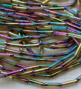 Vintage Beads - 1 Hank (6 Strands) of 7 mm iridescent Bugle Beads - Czech