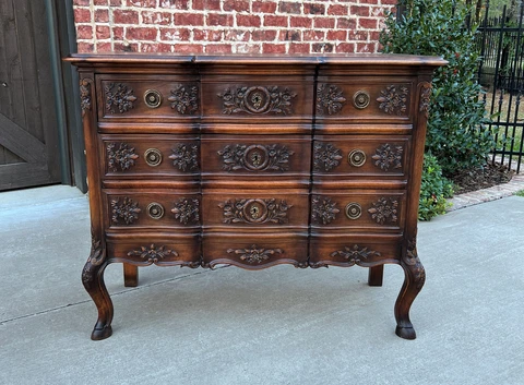 Antique French Chest of Drawers Cabinet 3-Drawer Carved Walnut w Keys c.1920s Cover