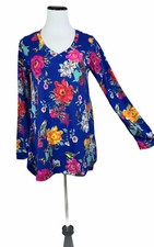 Soft Surroundings Blue Floral Knit Tunic Sz XS Long Sleeve Stretch Top