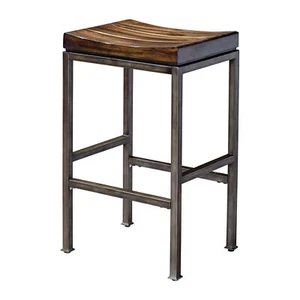 Minimalist Industrial Wood Iron 30 in Bar Stool Counter Curved Seat Steel Walnut - Picture 1 of 7