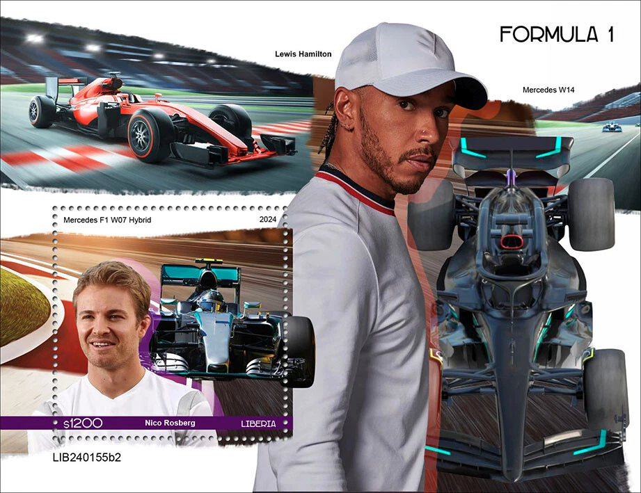 Formula 1 Nico Rosberg Lewis Hamilton MNH Stamps 2024 Liberia S/S - Image 1 of 1