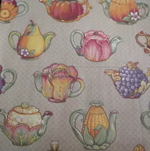 Cotton Quilt Fabric 65" x 90" Teapots Vegetables Craft Material - Picture 1 of 3