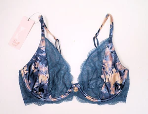 M & S ROSIE AUTOGRAPH LUNARIA NON PADDED PLUNGE BRA SILK LACE AIR FORCE BLUE - Picture 1 of 3