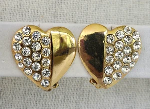 Vintage Clear Rhinestone Heart Gold Tone Clip Earrings 7/8" - Picture 1 of 5