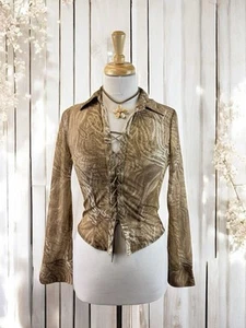 Beige Paisley Crop Lace Up Top Bohemian Hippie Western Cowgirl Y2K Fairy Size L - Picture 1 of 5