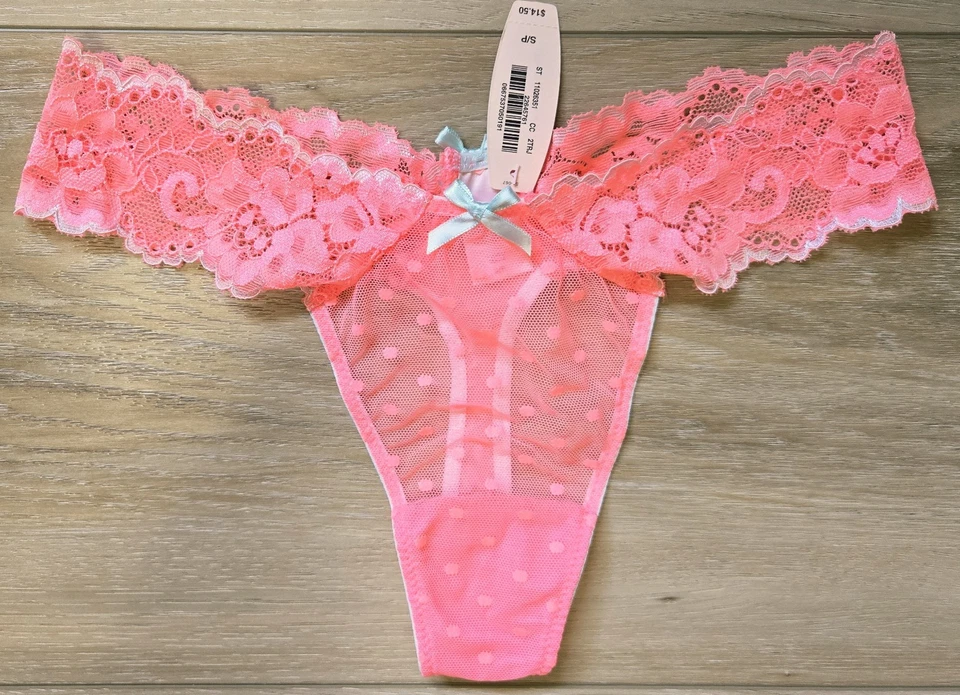 NUEVO CON ETIQUETAS Raro De Colección Victoria's Secret Malla Puntada Transparente Encaje Tanga Bragas Arcos S Foto 1 de 3
