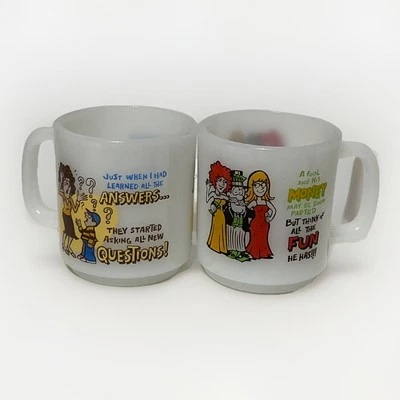 Set Of 2 Vintage Glasbake Milk Glass Coffee Tea Mugs Humor Funny Graphic 10 Oz - Image 1 of 4