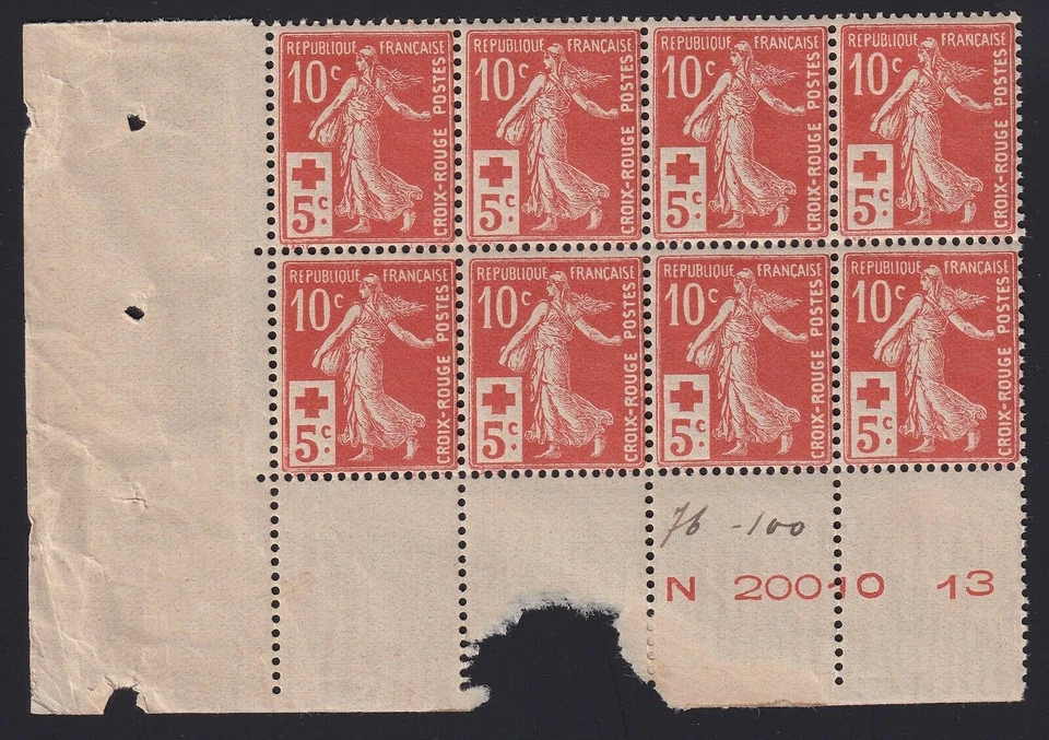 FRANCE YVERT 147 SCOTT B2 " RED CROSS SOWER 10c+5c RED 8 STAMPS " MNH VF W201E - Image 1 of 2