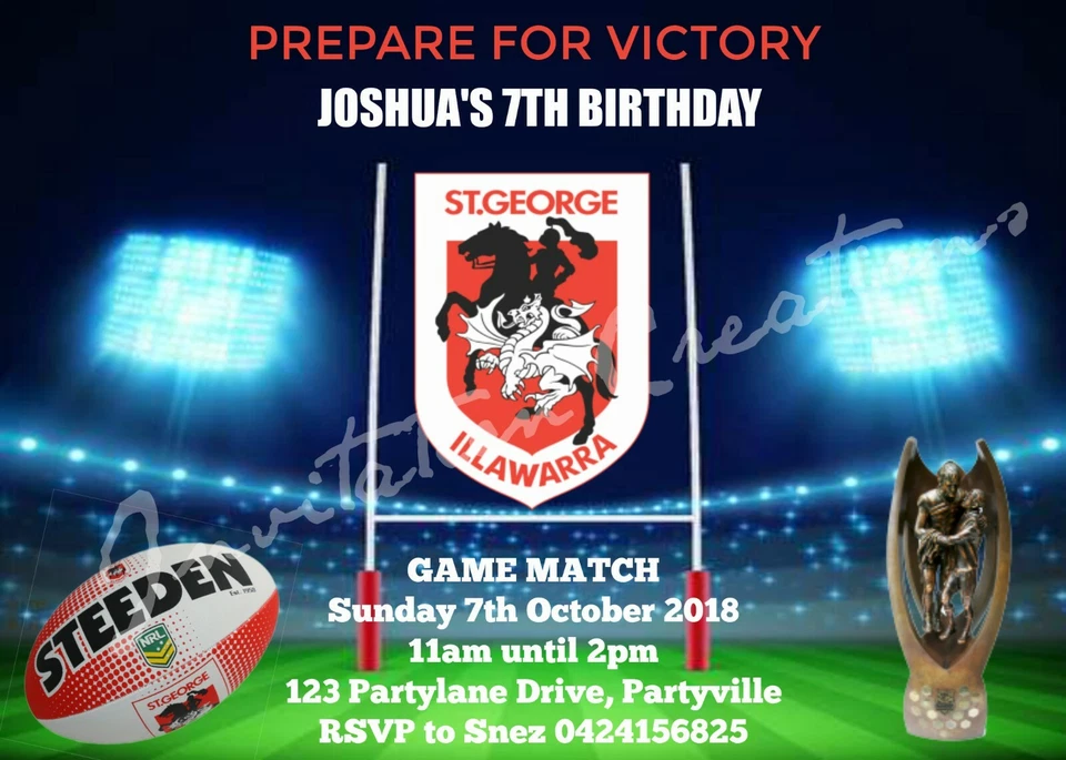 Hágalo usted mismo Impresión Personalizada NRL ST GEORGE DRAGONS CAMPO DE FÚTBOL Invitaciones de Fiesta de Cumpleaños Foto 1 de 1