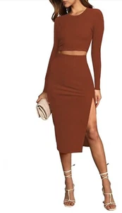 Women's 2 Piece Bodycon Midi Skirt Sets Casual Crewneck Long Sleeve Crop Top - Picture 1 of 3