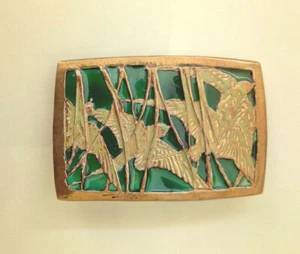 Vintage Style Bronze Green Resin Bird Rectangular Brooch - Picture 1 of 4