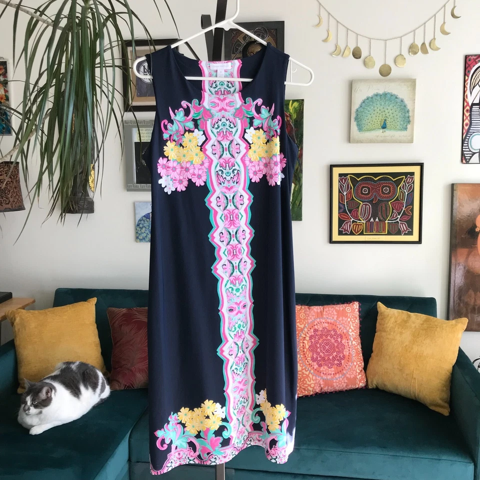 CHARTER CLUB size M Navy Blue Floral Tiki Totem Print Stretch Sheath Dress - Image 1 of 4