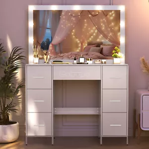 Large Vanity Table Set Makeup Bedroom Dressing 11 Lighted LED Mirror 7 Drawers - Picture 1 of 15