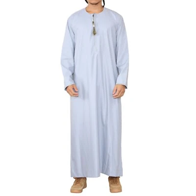Hombre Azul Thobe Jubba Saudi Islámico Árabe Eid Emirati Caftán Borla Robe - Imagen 1 de 4