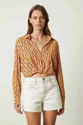 VELVET By Graham & Spencer Jocelyn Geo Print Crepe Top Orange S $189 F4 - Image 1 of 3
