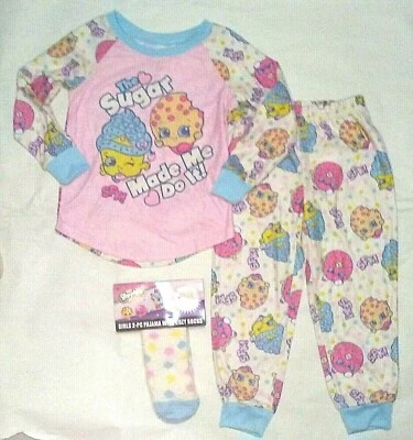 Shopkins SPK Girls 2 pc Sleepwear Pajama Set w Socks Pink/White Flannel NWT XS,S - Image 1 of 4