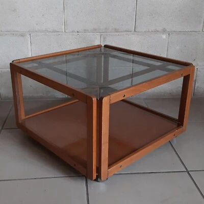 Table Basse Carrée En Bois Et Verre Design Busnelli Modernisme 1970 - Photo 1/4