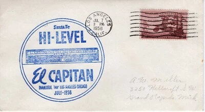 SANTA FE HI-LEVEL EL CAPITAN LOS ANGELES TO CHICAGO, LOS ANGELES, 1958  FDC8687 - Image 1 of 2
