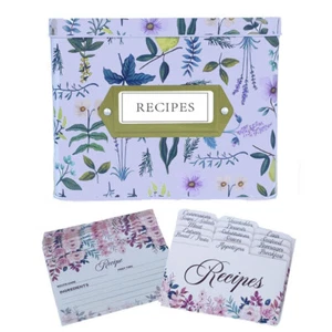 Botanicals Floral Tin Recipe Card Holder Box w/ Cards Dividers 6 x 5" Purple - Picture 1 of 5