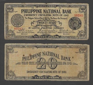 1941 PHILIPPINES EMERGENCY WWII GUERILLA BANKNOTE 20 PESOS CEBU P-S218 USED FINE - Picture 1 of 3