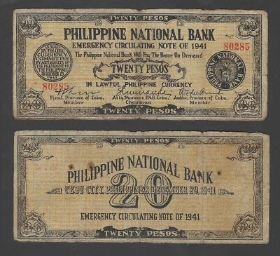 1941 PHILIPPINES EMERGENCY WWII GUERILLA BANKNOTE 20 PESOS CEBU P-S218 USED FINE - Image 1 of 3