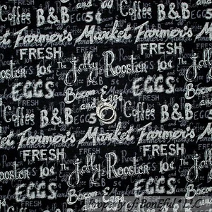 BonEful Fabric FQ Cotton Quilt Black White B&W Word Rooster Coffee Farm Egg Sale - Picture 1 of 13