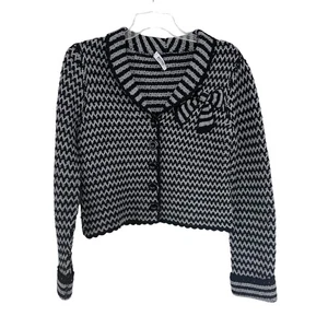 Moschino Bow Chunky Wool Knit Sweater Cardigan Gray Black Women's Size M - Picture 1 of 12