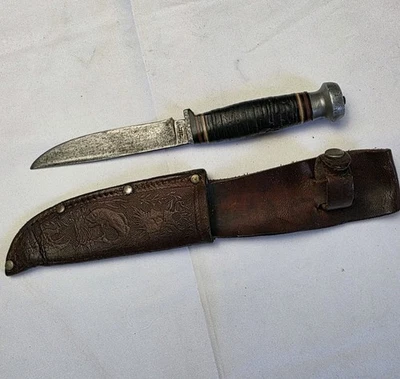 Cuchillo de hoja fija vintage KINFOLKS USA 315 mango de cuero apilado funda de cuero Foto 1 de 4