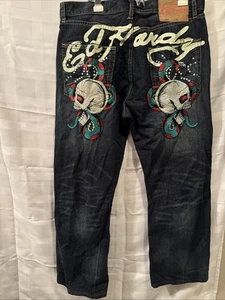 Pantalones de mezclilla vintage ED HARDY x Christian Audigier para hombre 32x32 calavera serpiente tatuaje - Imagen 1 de 12