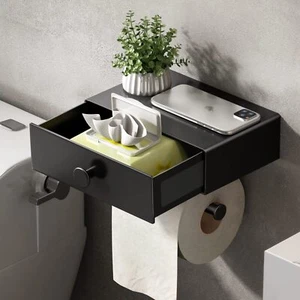 Toilet Paper Holder with Shelf Black Wipes Dispenser for Bathroom Toilet Paper H - Picture 1 of 7