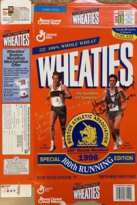 WHEATIES  SIGNED by BOSTON MARATHON Runners BILL RODGERS & JOAN BENOIT SAMUELSON - Picture 1 of 3